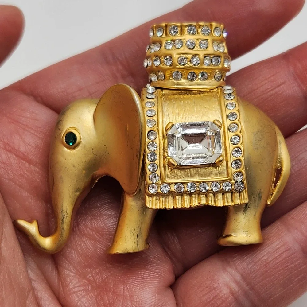 Vintage Elephant Brooch Set Gold Tone Rhinestone Crystal Animal Pins 2pc‎